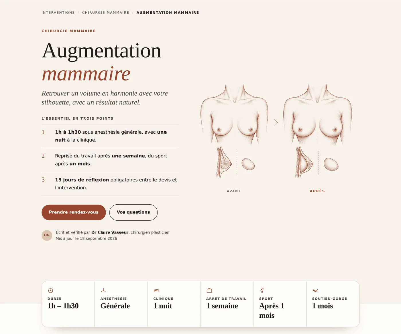Page « Augmentation mammaire » d’un site de démonstration : Dr Claire Vasseur, chirurgien plasticien à Nice.